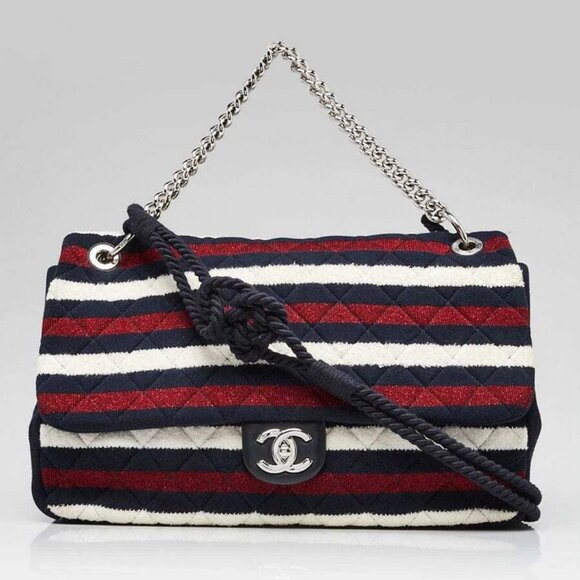 Chanel Red White and Blue Quilted Jersey Rope Single Flap Bag - Picture 1 of 11